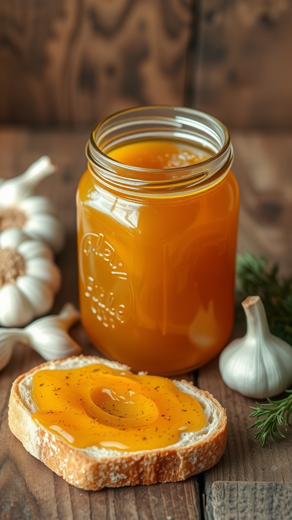 Homemade garlic jelly in a jar with bread and garlic on a wooden table.